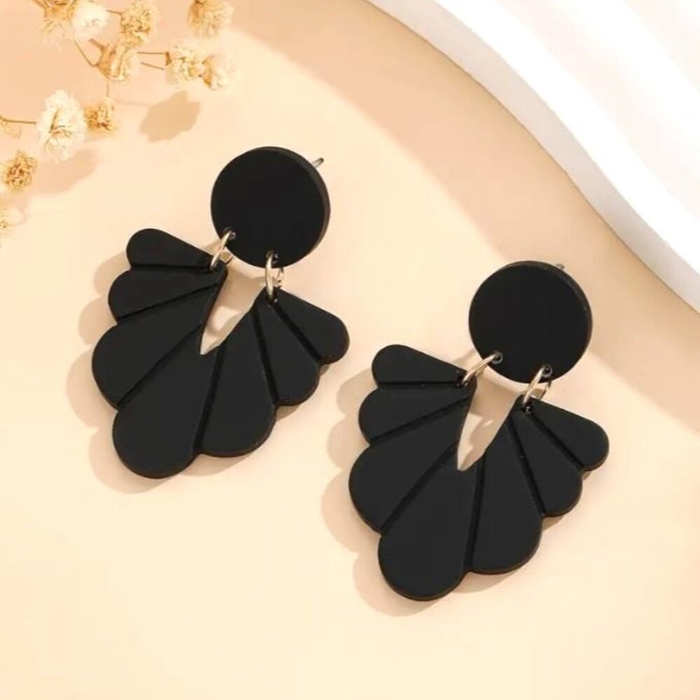 NEW Black Art Deco Geometric Acrylic Drop Statement Earrings Modern MCM Pierced